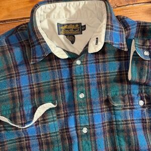 Vtg Eddie Bauer Wool Flannel Shirt Men Large Blue Green 1980s‎ Heavy Plaid *SEE